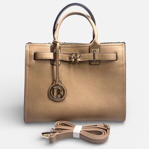 Dasein Handbag Warm Beige Top Handle + Long Strap Vegan Leather w/FLAW